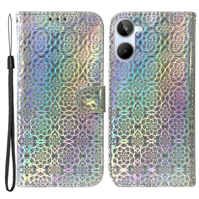 Кожаный чехол-кошелёк для Realme 10 4G с подставкой, с узором в виде сверкающих цветов - серый