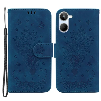 Para Realme 10 4G Funda Cartera de Piel Sintética con Patrón de Rosas y Mariposas, con Soporte - Azul