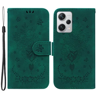 Étui en cuir pour Xiaomi Redmi Note 12 Pro+ 5G, motif imprimé rose et papillon, support intégré, étui portefeuille - Vert