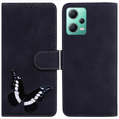 Funda tipo cartera de cuero para teléfono con soporte y estampado de mariposas para Xiaomi Redmi Note 12 5G (Global) / (India) / (China) / Poco X5 5G - Negro