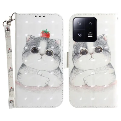 Anti-fall Folio Flip Phone Cover for Xiaomi 13 Pro 5G Stand Wallet Phone Case with Strap - Cute Cat