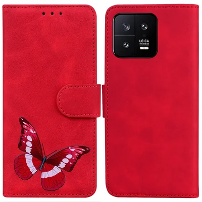 Für Xiaomi 13 5G Butterfly-Druck-Faltständer-Abdeckung Anti-Drop-Leder-Brieftaschen-Handyhülle - Rot