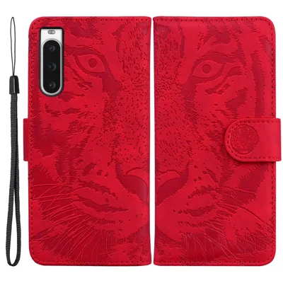 Wallet Phone Case for Sony Xperia 10 V Tiger Pattern Imprinted Stand PU Leather Folio Flip Cover - Red