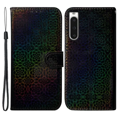 For Sony Xperia 10 V PU Leather Folio Cover Dazzling Flower Pattern Stand Wallet Phone Case - Black