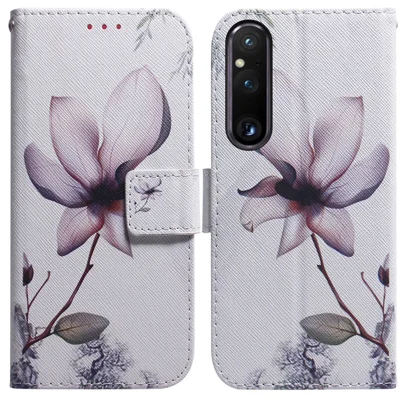 For Sony Xperia 1 V Pattern Printing Shockproof Stand Cover PU Leather Wallet Phone Case - Pink Flower