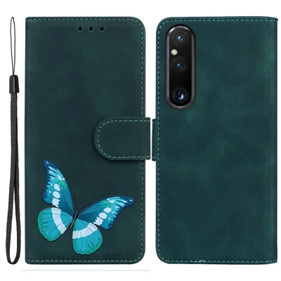 For Sony Xperia 1 V Butterfly Printing Flip Leather Wallet Cover Anti-drop Mobile Stand Case - Green