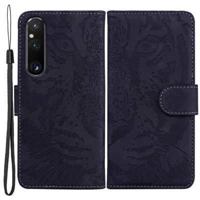 For Sony Xperia 1 V PU Leather Wallet Case Tiger Imprinted Folding Stand Phone Cover - Black