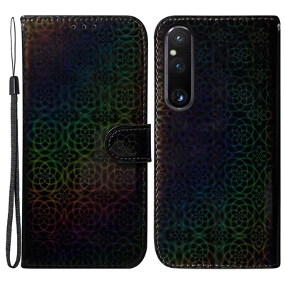 Voor Sony Xperia 1 V Leren Telefoonhoesje Schitterend Bloemenpatroon Anti-kras Portemonnee Staander Cover - Zwart