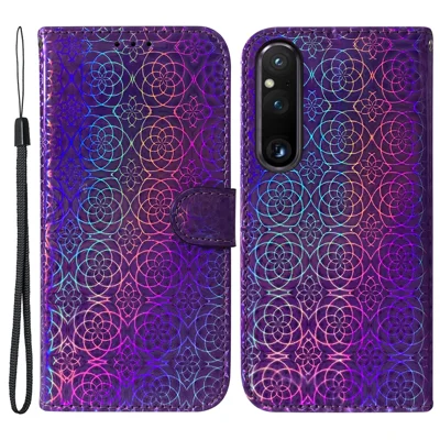 For Sony Xperia 1 V Leather Phone Case Dazzling Flower Pattern Anti-scratch Wallet Stand Cover - Purple