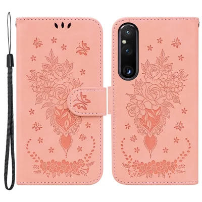 Imprinted Phone Case for Sony Xperia 1 V , Flip Stand Leather Wallet Drop-proof Cover - Pink