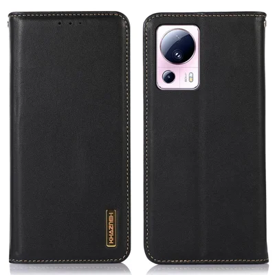 KHAZNEH for Xiaomi 13 Lite / Civi 2 5G Phone Wallet Case RFID Blocking Stand Genuine Cowhide Leather Phone Cover - Black