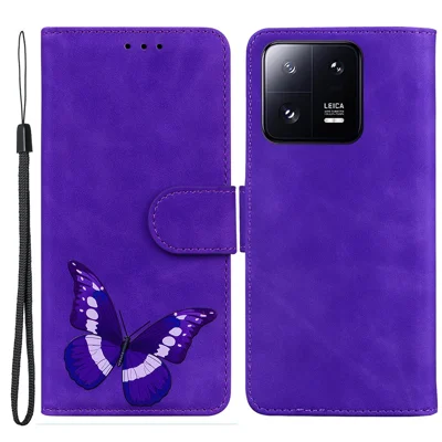 For Xiaomi 13 Pro 5G Leather Phone Cover Butterfly Printing Wallet Stand Anti-drop Phone Case - Purple