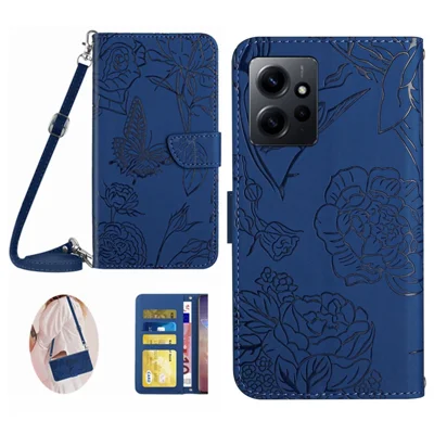 HT03 For Xiaomi Redmi Note 12 4G Skin-touch Butterfly Flowers Imprinted Wallet Stand Case Leather Cover with Shoulder Strap - Blue