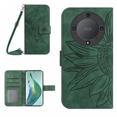 For Honor Magic5 Lite 5G / X9a 5G HT04 Leather Phone Case Sunflower Pattern Stand Wallet Cover with Shoulder Strap - Dark Green