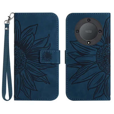 For Honor Magic5 Lite 5G / X9a 5G HT04 Leather Phone Case Sunflower Imprinted Stand Wallet Cell Phone Cover - Dark Blue