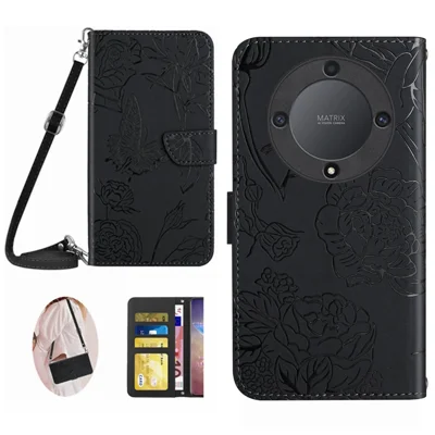 HT03 For Honor Magic5 Lite 5G / X9a 5G Phone Stand Case Butterfly Flowers Imprinted Wallet Leather Cover with Shoulder Strap - Black