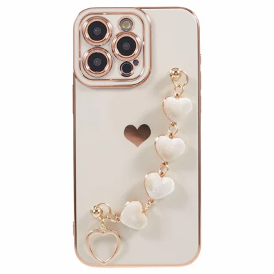 For iPhone 14 Pro Max Electroplating Phone Case Soft TPU Back Cover with Plush Love-Heart Strap - White