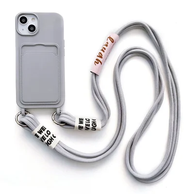 For iPhone 14 Soft Liquid Silicone Phone Case Card Slot Slim Protective Back Cover with Lanyard Strap - Grey