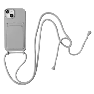 For iPhone 13 6.1 inch Phone Case Anti-Drop Liquid Silicone Protective Cover with Card Slot, Strap - Grey