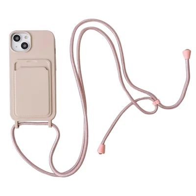 For iPhone 13 6.1 inch Phone Case Anti-Drop Liquid Silicone Protective Cover with Card Slot, Strap - Pink