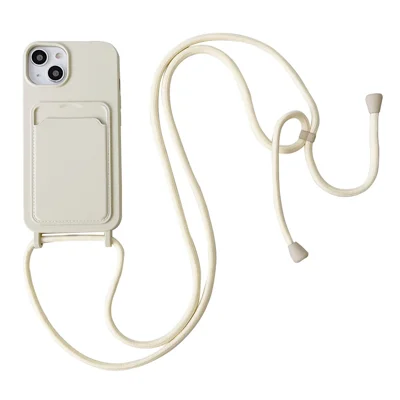 Protective Case for iPhone 14 Case Anti-Fall Liquid Silicone Phone Cover with Card Slot, Strap - Beige
