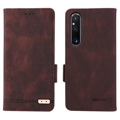 For Sony Xperia 1 V Stand Wallet Leather Phone Case Hardware Decor Protective Phone Cover - Coffee