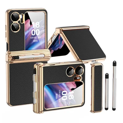 For Oppo Find N2 Flip 5G Hinge Protection Phone Case PU Leather+PC Folding Cover with Pen - Electroplated Gold / Black