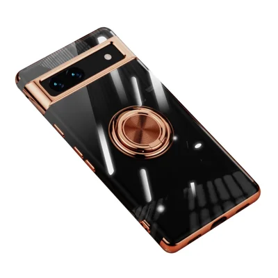 For Google Pixel 7a Ring Kickstand Electroplating TPU Phone Case Anti-drop Back Cover - Rose Gold