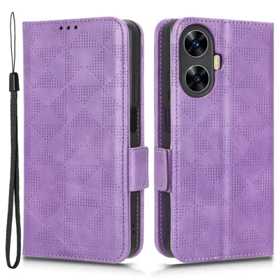 For Realme C55 4G Leather Wallet Phone Case Imprinted Triangle Flip Stand Protective Cover - Purple