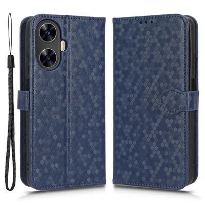 For Realme C55 4G Dot Pattern Imprinted Phone Stand Case PU Leather Wallet Phone Cover - Dark Blue