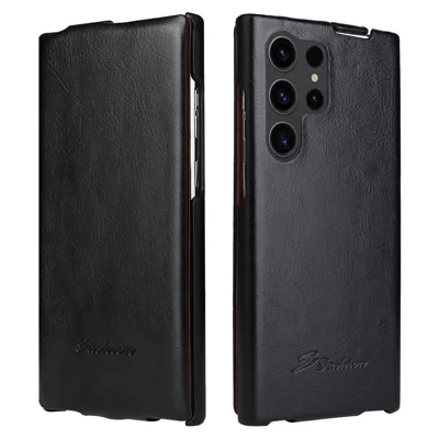 Vertical Flip Cover for Samsung Galaxy S23 Ultra , PC+PU Leather Crazy Horse Texture Phone Shell Case - Black