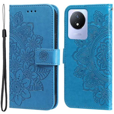 Coque anti-rayures pour vivo Y02 4G, motif floral, étui portefeuille en cuir PU avec support, bleu