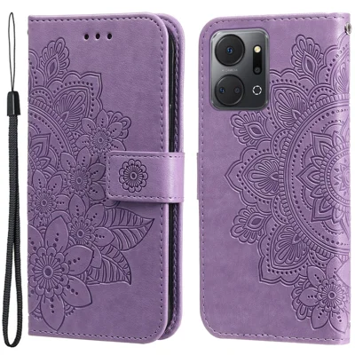 Voor Honor X7a 5G Anti-verblekend Hoesje Bloemenpatroon PU Leren Portemonnee Stand Telefoonhoes - Paars
