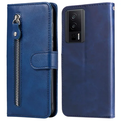 Capa Carteira com Suporte, Textura de Couro PU, com Bolso com Fecho de Correr - Azul para Xiaomi Poco F5 Pro 5G / Redmi K60 Pro 5G / K60 5G