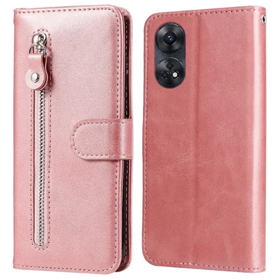 For Oppo Reno8 T 4G Zipper Pocket Wallet Phone Case Calf Texture Leather Drop-proof Stand Cover - Pink