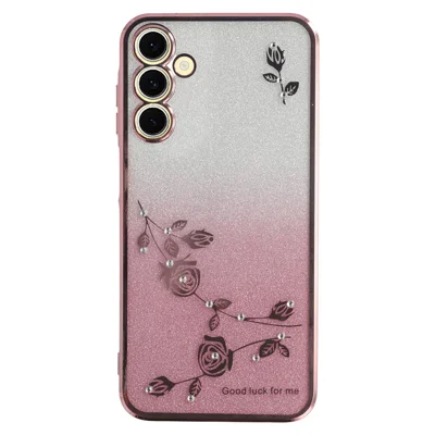 KADEM telefoonhoesje voor Samsung Galaxy A14 5G / A14 4G, TPU hoes met glinsterend gradiëntpoeder, strass decoratie en bloemenpatroon - Roze goud
