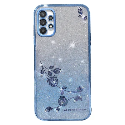 KADEM Per Samsung Galaxy A52 4G / A52s 5G / A52 5G Custodia in TPU con Decorazione di Diamantini, Polvere Glitter Gradiente e Fiore Eterno - Blu