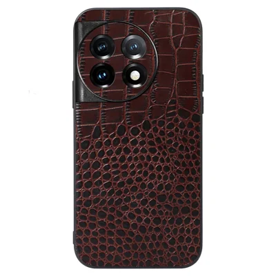 For OnePlus Ace 2 5G / 11R 5G Phone Cover, Genuine Cowhide Leather Coated PC+TPU Crocodile Texture Case - Coffee