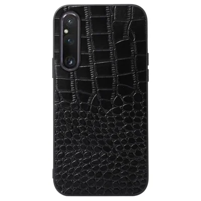 For Sony Xperia 1 V Genuine Cowhide Leather Coated PC+TPU Crocodile Texture Phone Case - Black