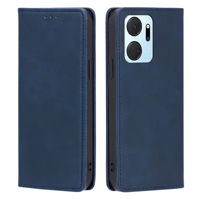 For Honor X7a 5G Calf Texture Phone Case Magnetic Auto-absorbed Wallet Leather Stand Cover - Blue