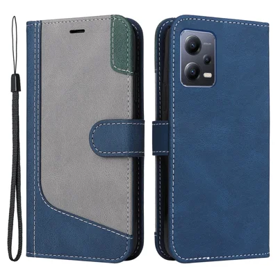 Capa de Couro KT Series-5 para Xiaomi Redmi Note 12 5G (Global) / (Índia) / (China) / Poco X5 5G, Capa Carteira com Suporte e Alça, em Couro, com Costura Tricolor - Azul