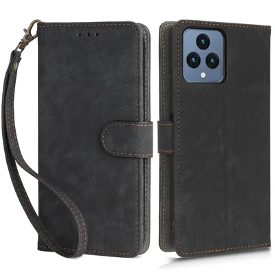 For T-Mobile REVVL 6 5G / T Phone 5G / Telekom T Phone 5G RFID Blocking Phone Case Leather Stand Wallet Cover with Strap - Black
