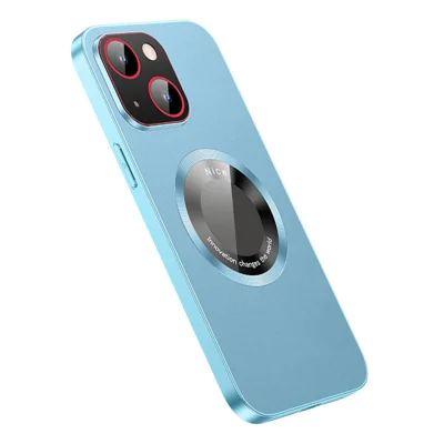 RH05 Phone Case for iPhone 14 Plus Magnetic Phone Cover PU Leather Coated Soft TPU PC Case - Blue
