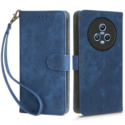 Wallet Phone Case for Honor Magic5 , RFID Blocking Leather Stand Phone Cover with Strap - Blue