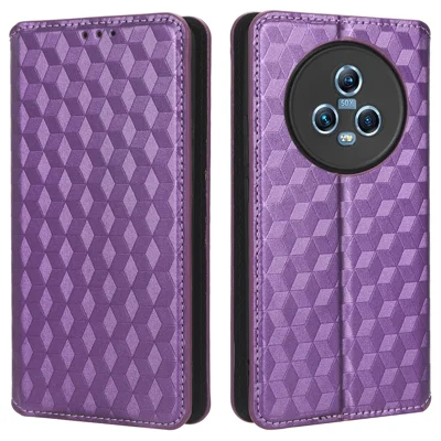 For Honor Magic5 Cell Phone Leather Case Wallet Stand Imprinted Rhombus Pattern Phone Cover - Purple