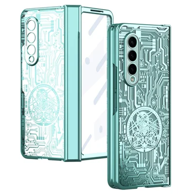 For Samsung Galaxy Z Fold4 5G Mechanical Legend Series Electroplating Phone Case Hard PC Shockproof Cover with Tempered Glass Film - Green