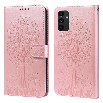 Wallet Phone Case for Samsung Galaxy A14 5G / A14 4G , PU Leather Deer Tree Pattern Stand Flip Cover - Pink
