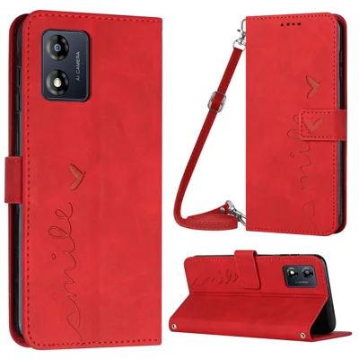 For Motorola Moto E13 4G Phone Leather Case Wallet Stand Heart Shape Phone Cover with Shoulder Strap - Red