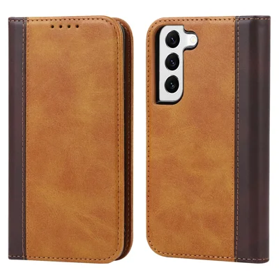 For Samsung Galaxy S22 5G PU Leather Phone Case Bi-color Splicing Wallet Phone Stand Cover - Yellow  /  Brown