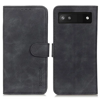 KHAZNEH For Google Pixel 7a Phone Leather Case Retro Texture Phone Cover with Stand Wallet - Black